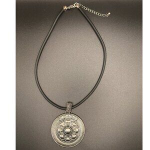 Boho Statement Medallion Necklace Silver Tone Pendant Black Adjustable Cord